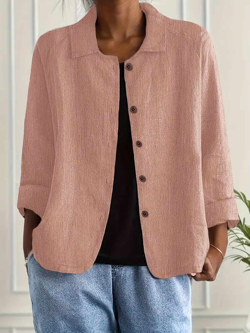 Ella | Casual Button Front Lightweight Jacket - Beige Cotton