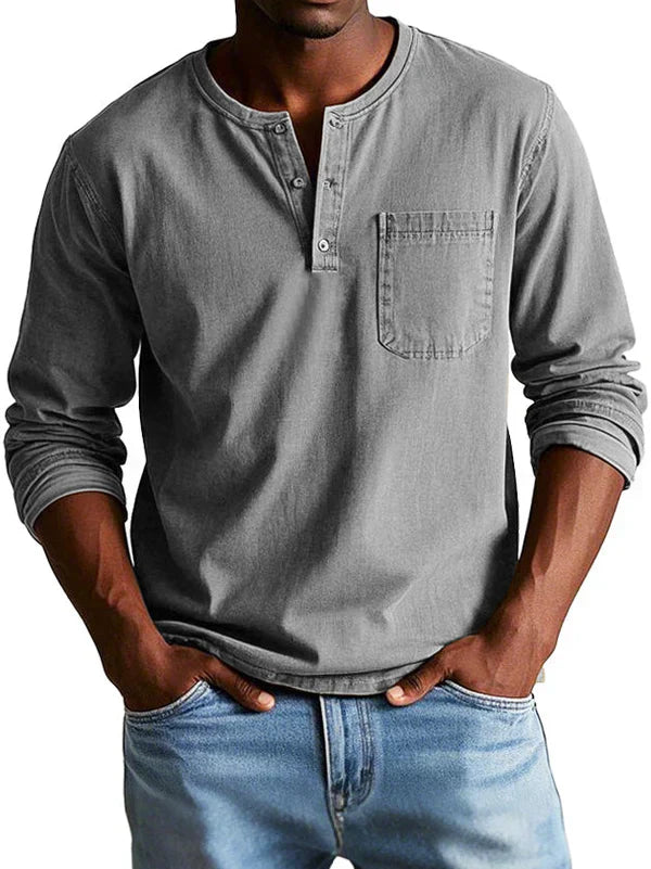 Philipp | Casual Long Sleeve Henley Shirt - Navy Cotton