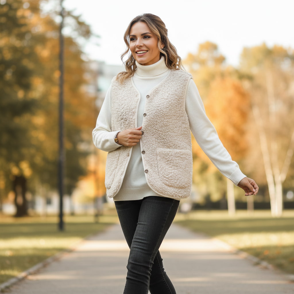 Ella | Casual Sherpa Vest - Warm Beige