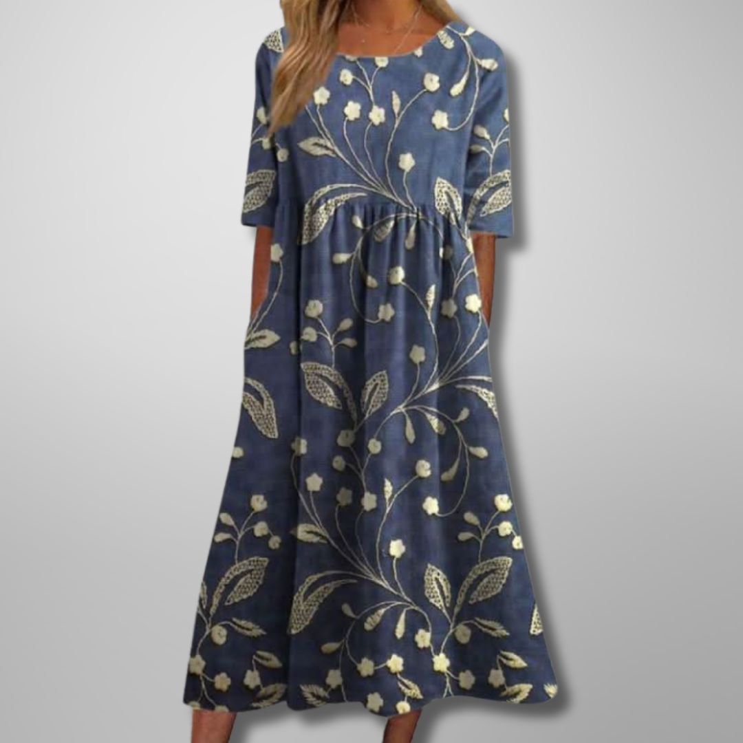 Alexis | Floral Print Round Neck Midi Dress - Multi Color