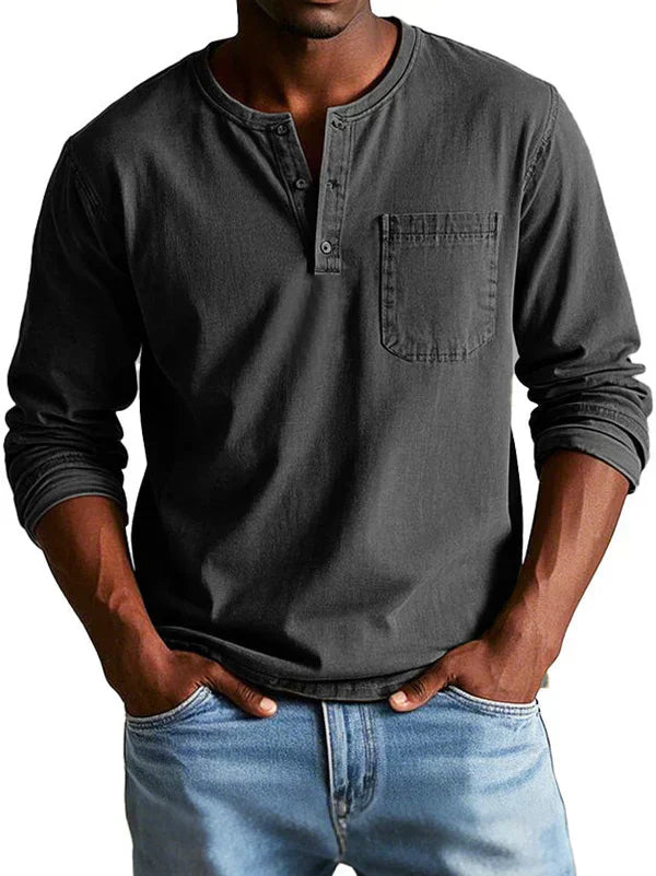 Philipp | Casual Long Sleeve Henley Shirt - Navy Cotton