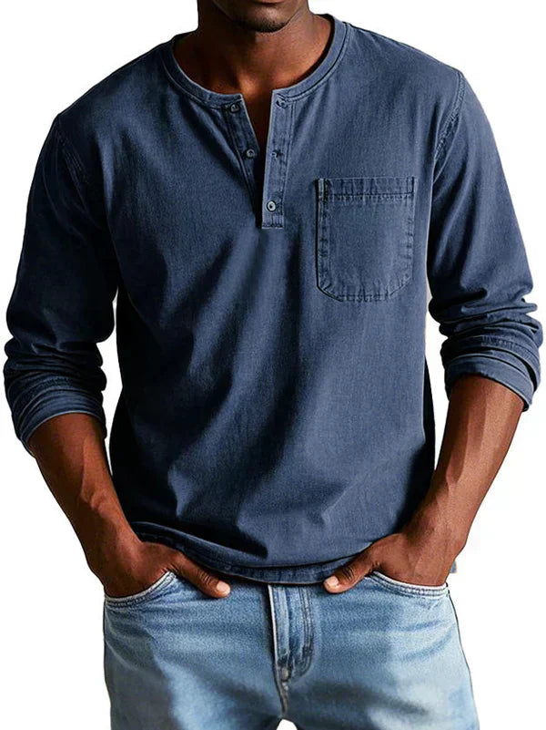 Philipp | Casual Long Sleeve Henley Shirt - Navy Cotton