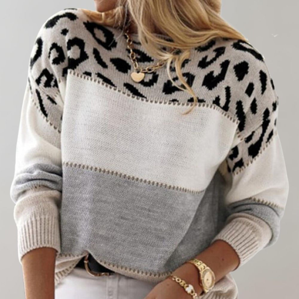 Viola | Soft Knit Sweater Color Block Leopard Print