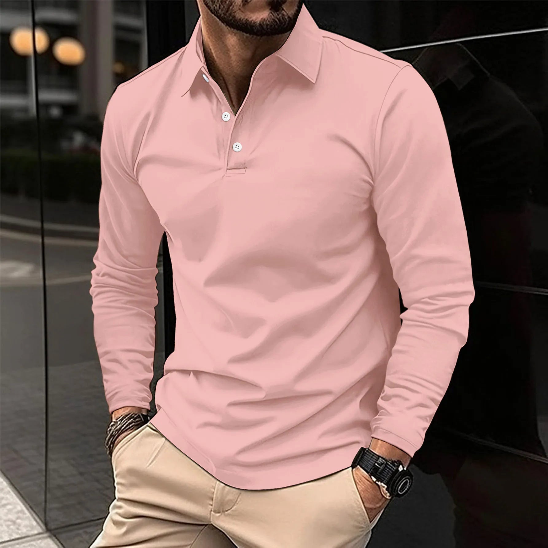Gideon | Classic Long Sleeve Polo Shirt - Navy Cotton