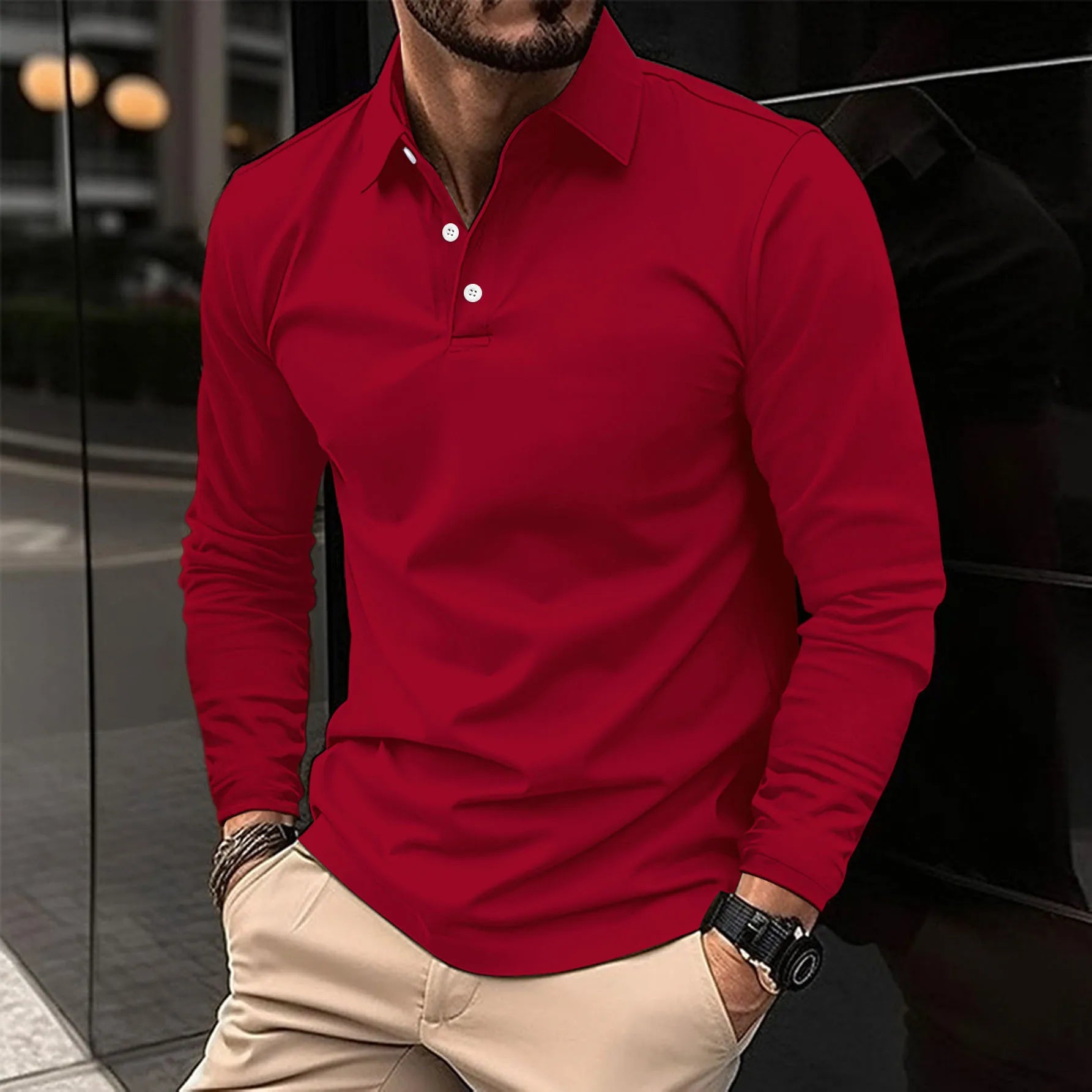 Gideon | Classic Long Sleeve Polo Shirt - Navy Cotton