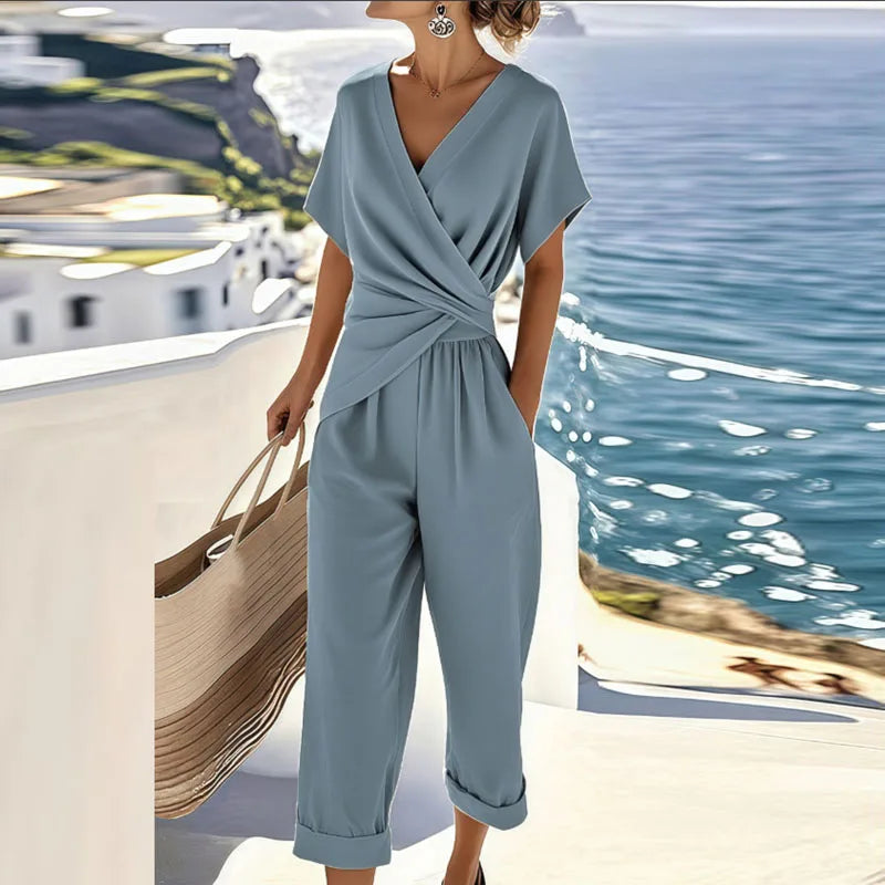 Estelle | Casual Short Sleeve V Neck Jumpsuit - Navy