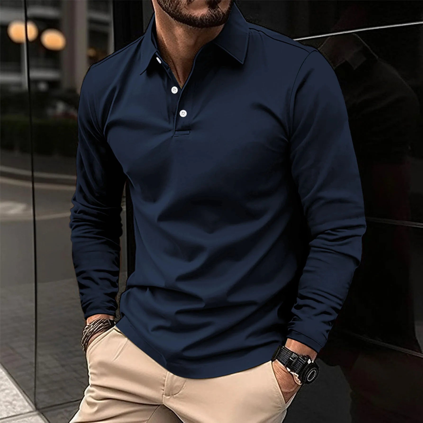 Gideon | Classic Long Sleeve Polo Shirt - Navy Cotton