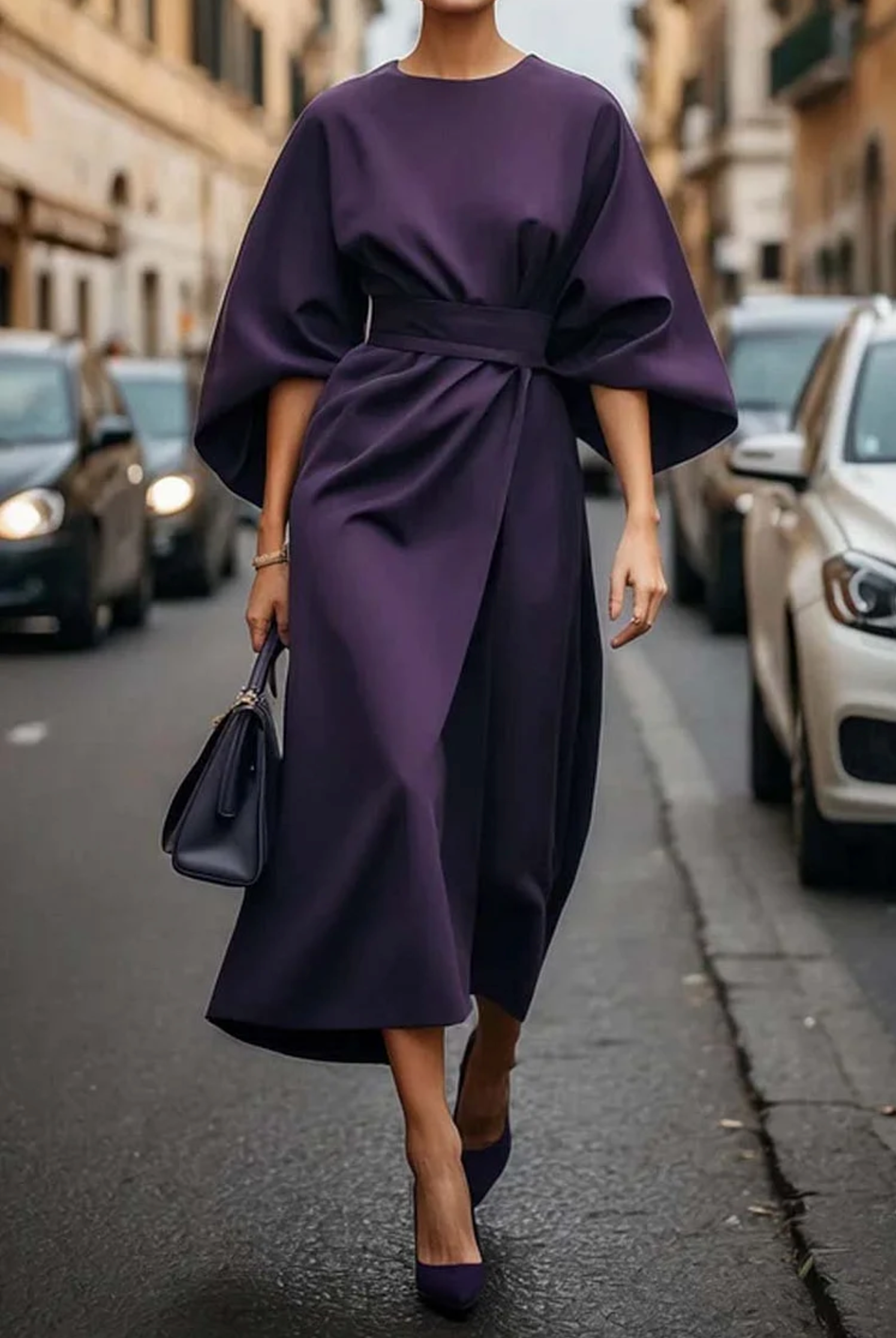 Emma | Elegant Dress with Lantern Sleeves and Belt - Black