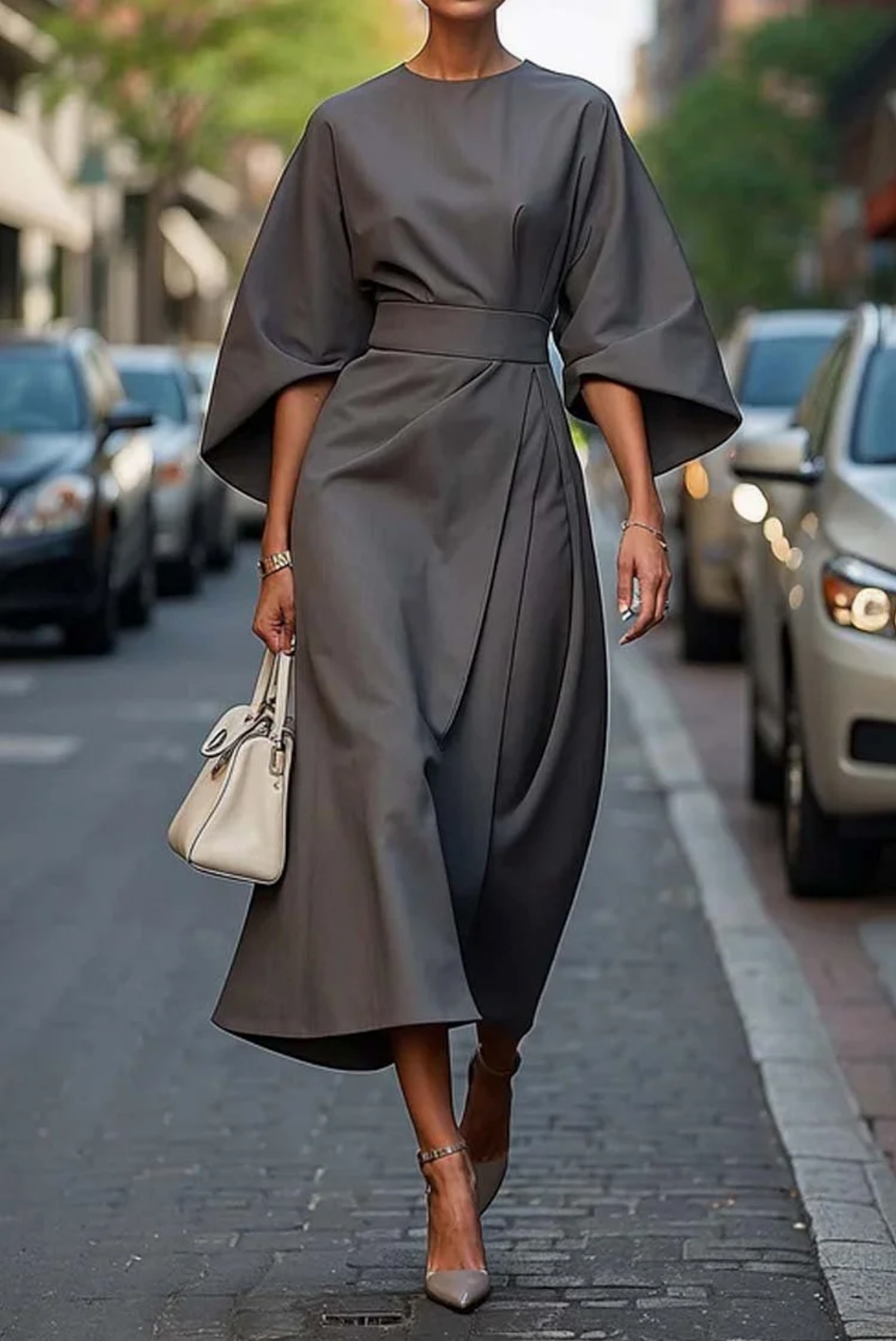 Emma | Elegant Dress with Lantern Sleeves and Belt - Black