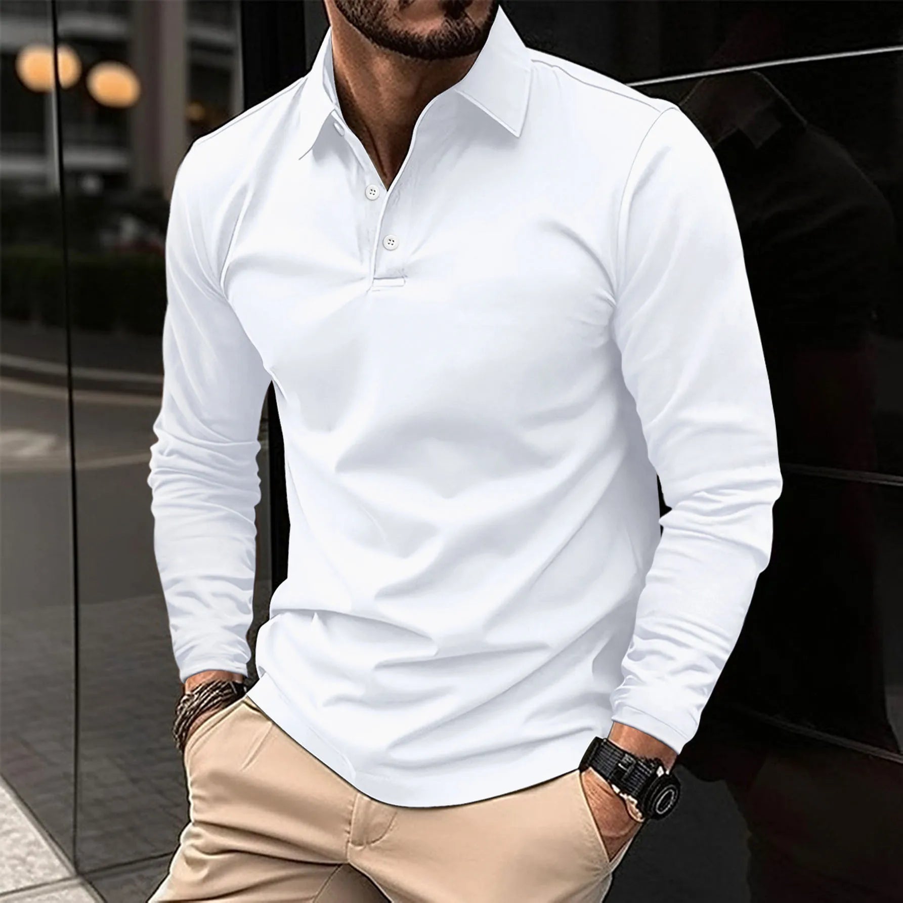 Gideon | Classic Long Sleeve Polo Shirt - Navy Cotton
