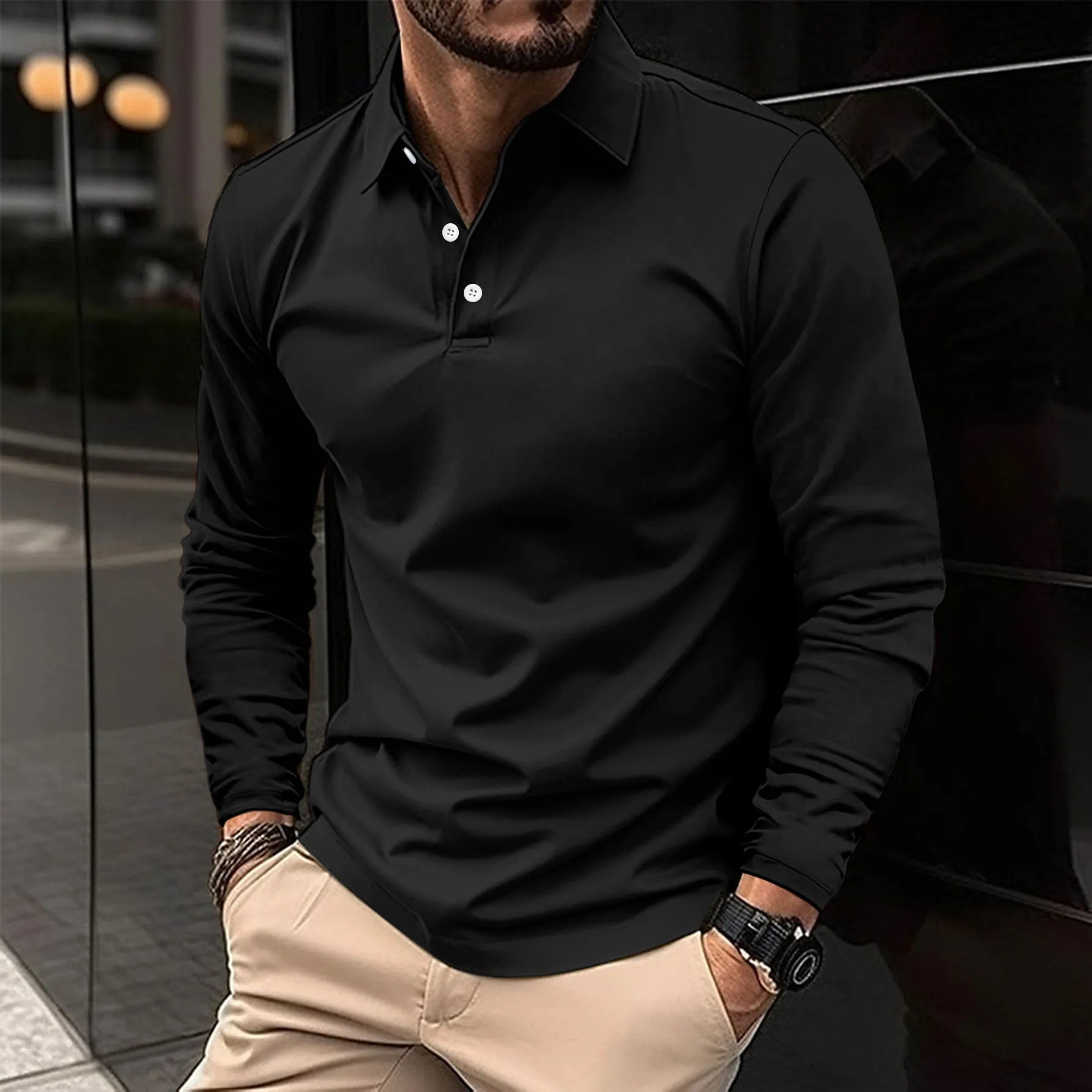 Gideon | Classic Long Sleeve Polo Shirt - Navy Cotton