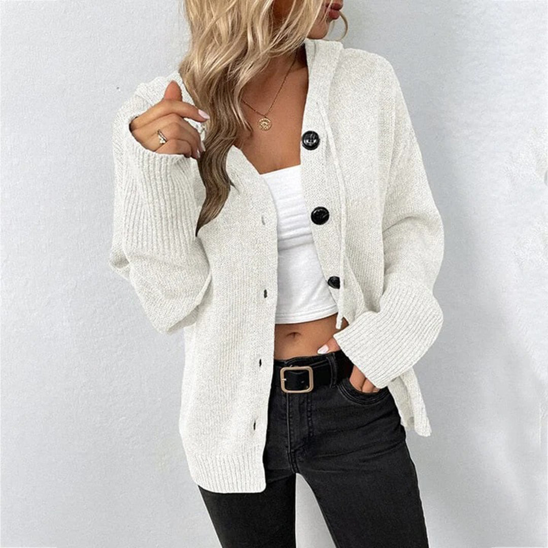 Hazel | Women's Hooded Knit Cardigan - Open Front Button - Grey