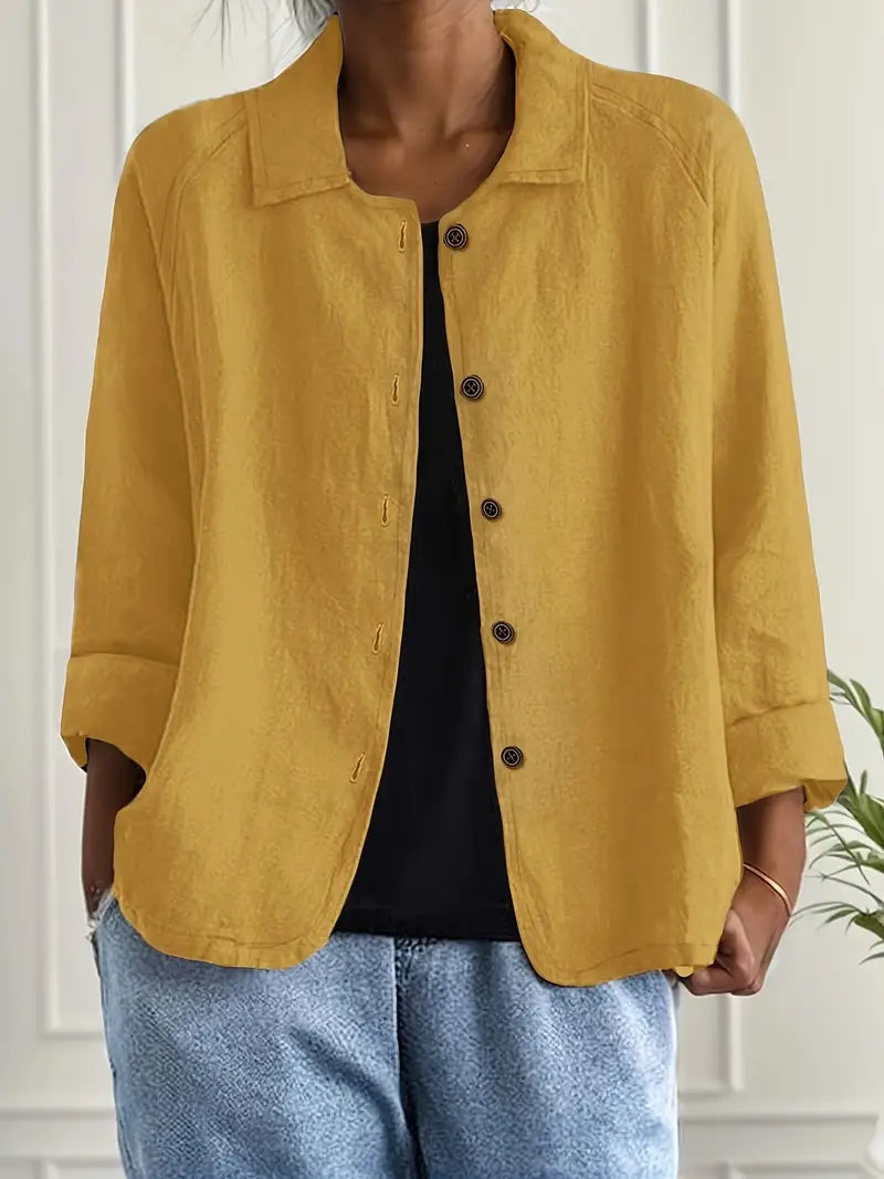 Ella | Casual Button Front Lightweight Jacket - Beige Cotton