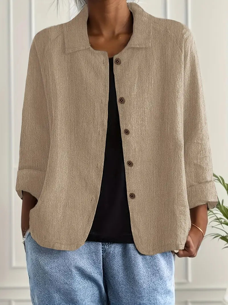 Ella | Casual Button Front Lightweight Jacket - Beige Cotton