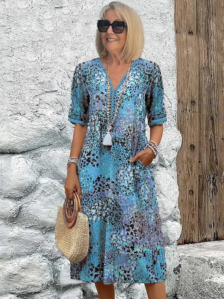 Zomer | V-neck Dress - Knee Length Allover Pattern Comfortable