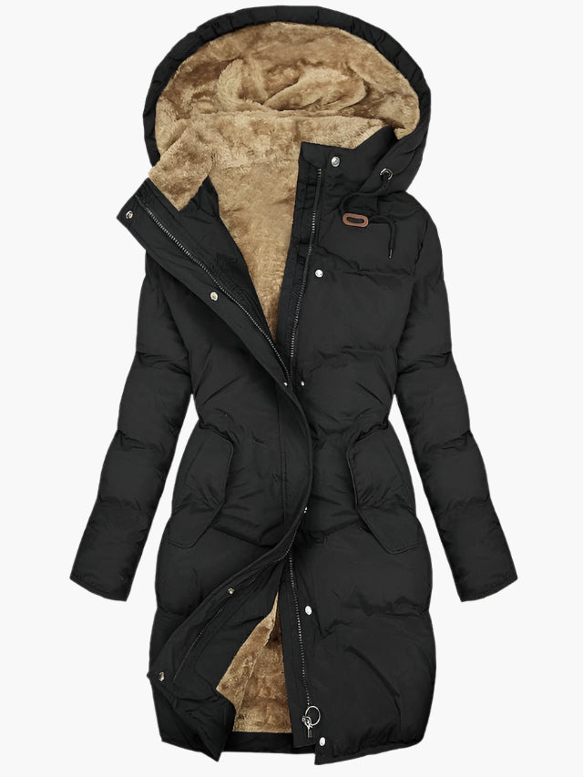 Emma | Long Winter Coat with Hood and Faux Fur - Black