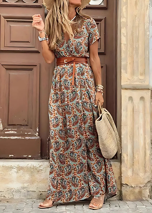 Claire | Printed V Neck Split Maxi Dress - Multicolor