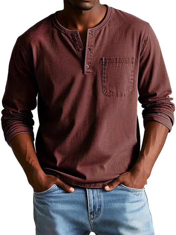 Philipp | Casual Long Sleeve Henley Shirt - Navy Cotton