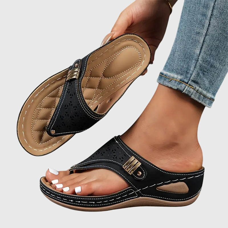 Margaret | Womens Slip On Flat Sandals - Black Leather