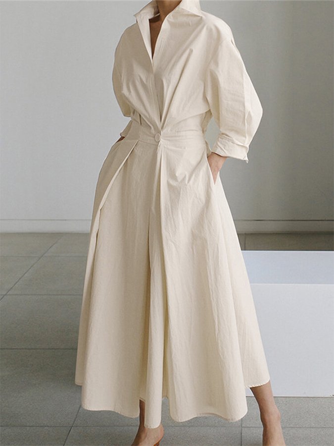 Nicole | Midi Dress Elegant Button Waist - Blue Cotton