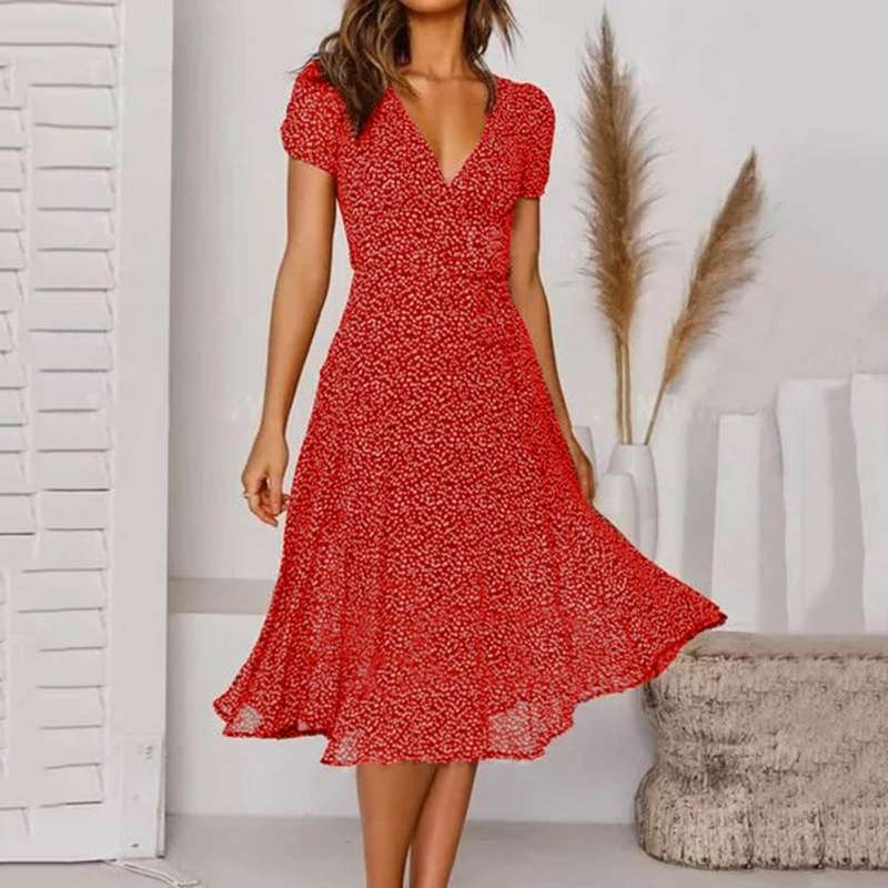 Ava | V Neck Midi Dress - Summer Floral Print