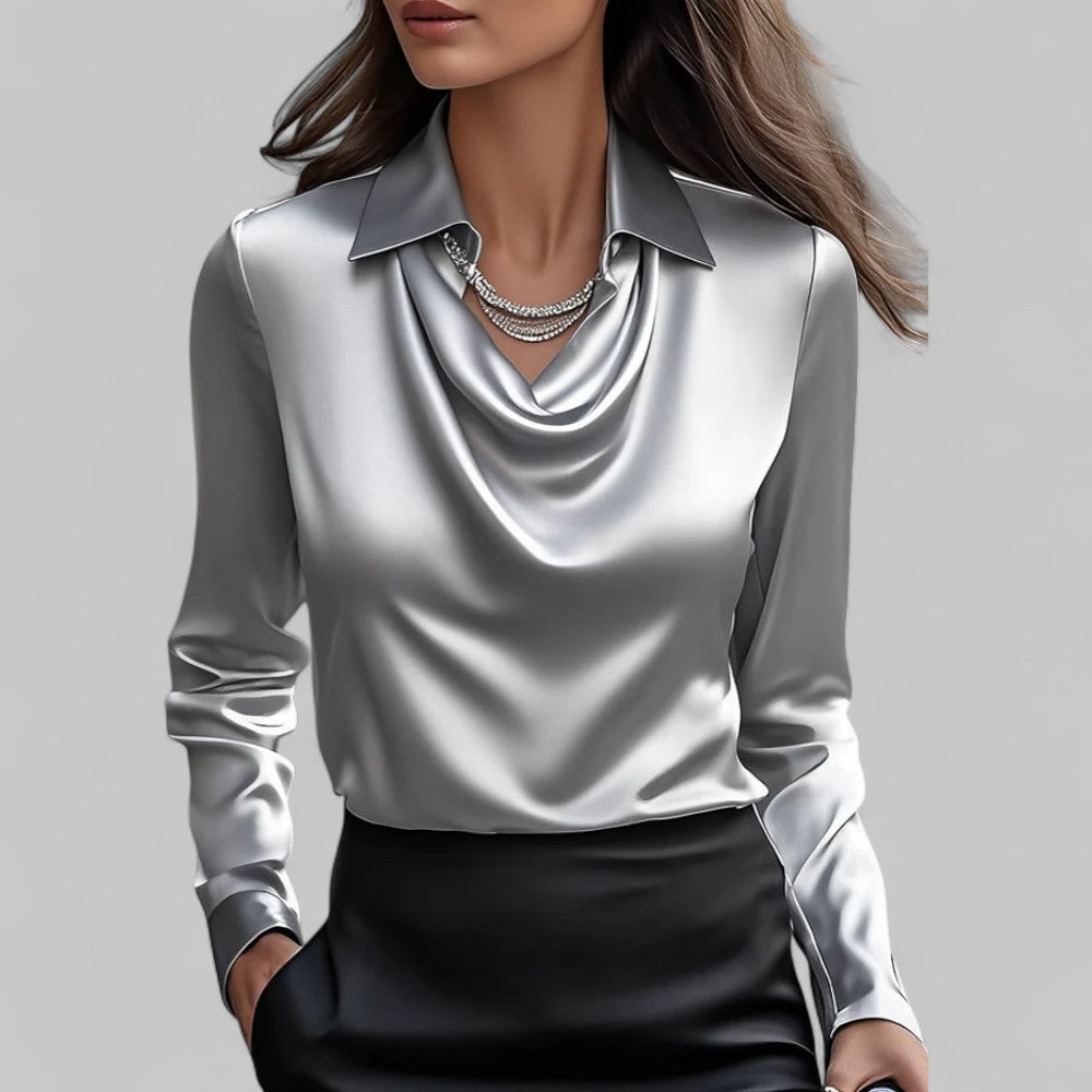 Theresa | Satin Blouse with Waterfall Neckline - Elegant Ivory