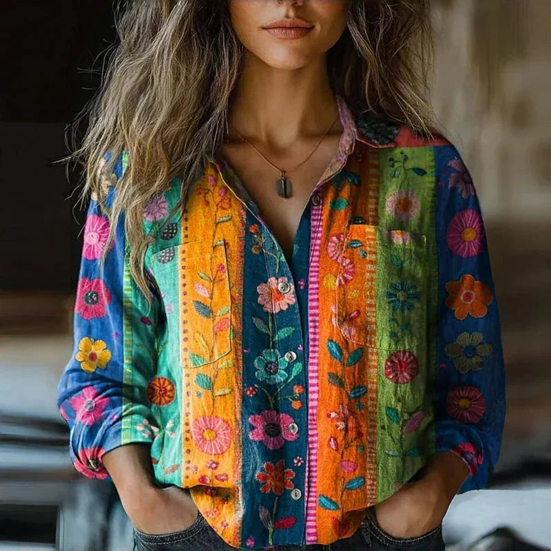 Phoebe | Printed Button Front Long Sleeve Top - Multicolor