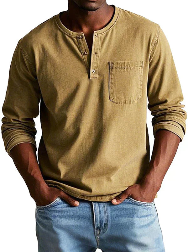Philipp | Casual Long Sleeve Henley Shirt - Navy Cotton