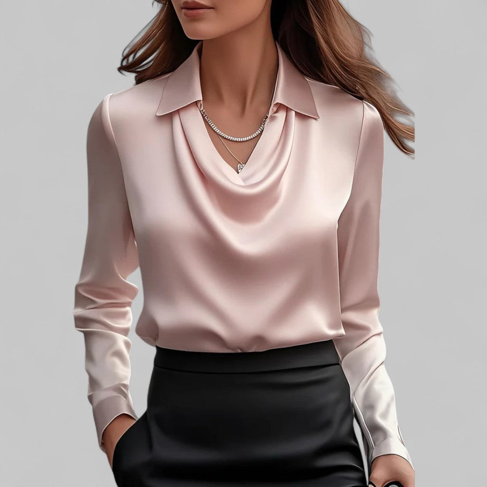 Theresa | Satin Blouse with Waterfall Neckline - Elegant Ivory