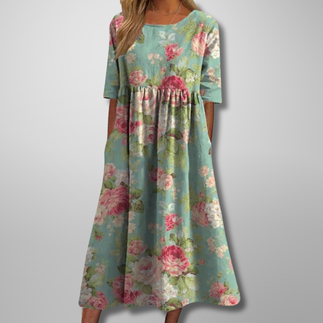 Alexis | Floral Print Round Neck Midi Dress - Multi Color