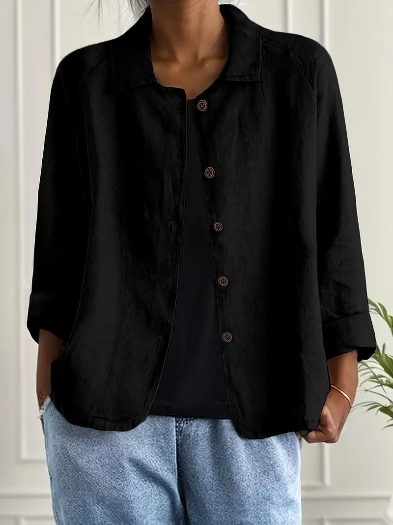 Ella | Casual Button Front Lightweight Jacket - Beige Cotton