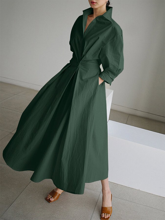 Nicole | Midi Dress Elegant Button Waist - Blue Cotton