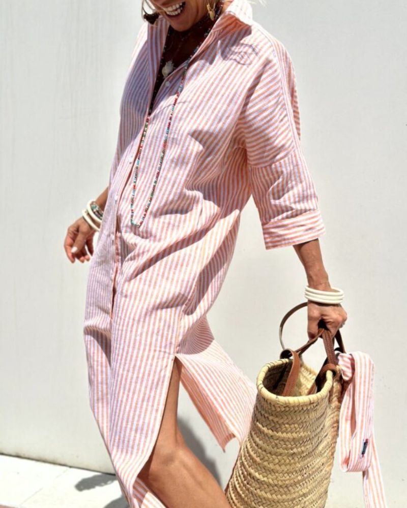 Daphne | Midi Shirt Dress - Striped Cotton