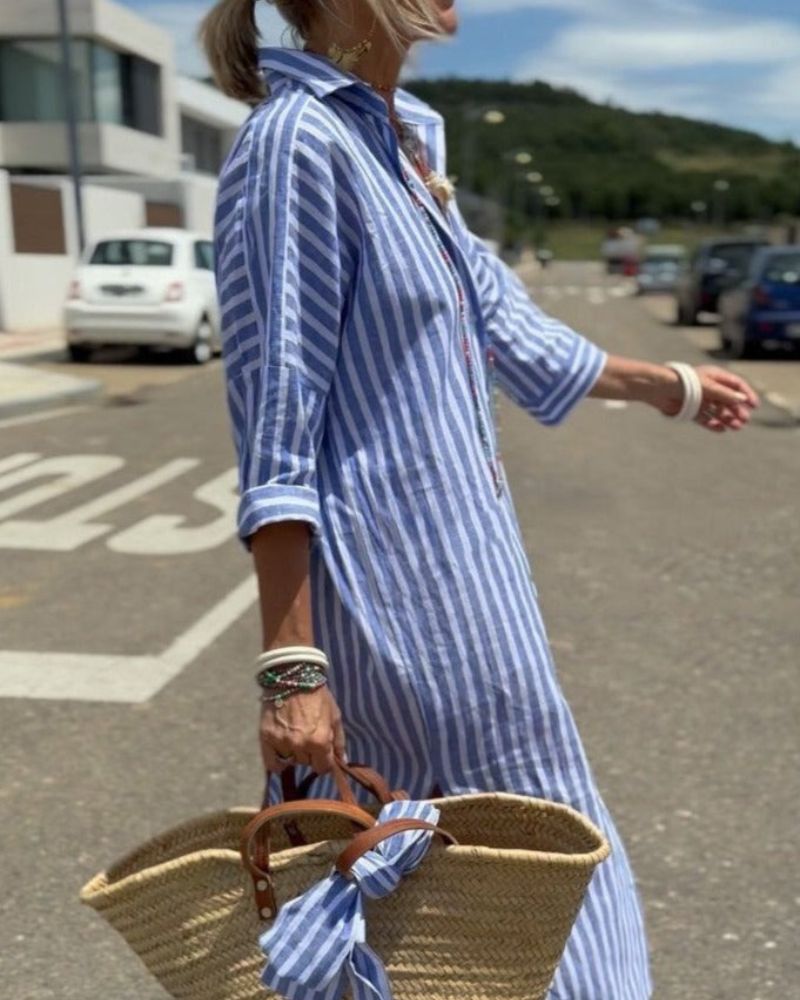 Daphne | Midi Shirt Dress - Striped Cotton