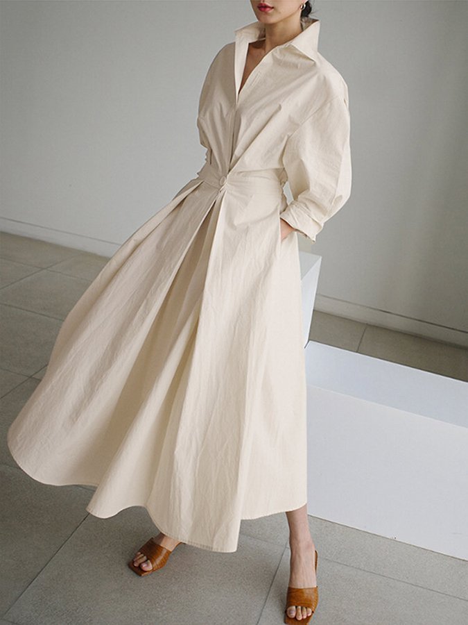 Nicole | Midi Dress Elegant Button Waist - Blue Cotton