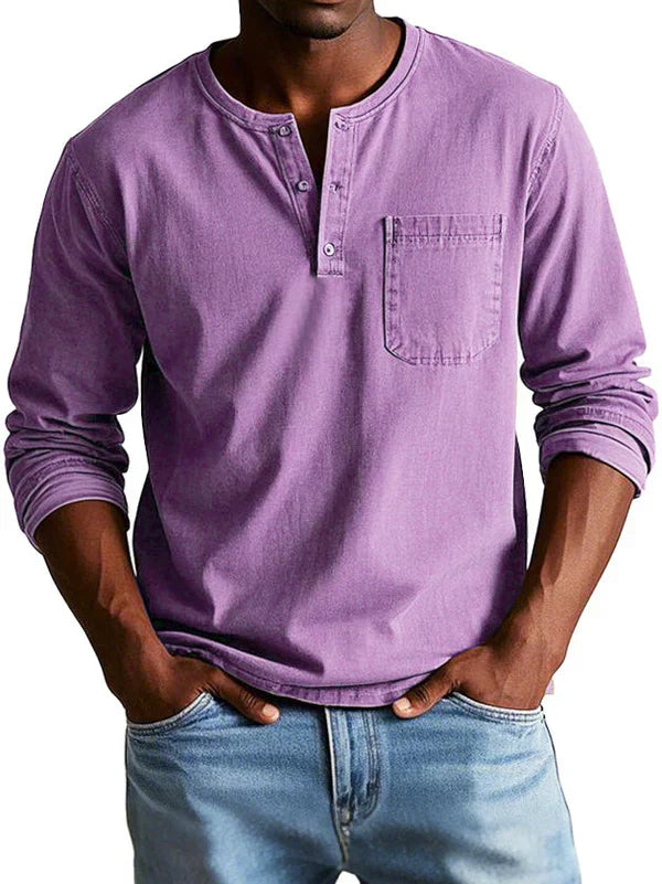 Philipp | Casual Long Sleeve Henley Shirt - Navy Cotton