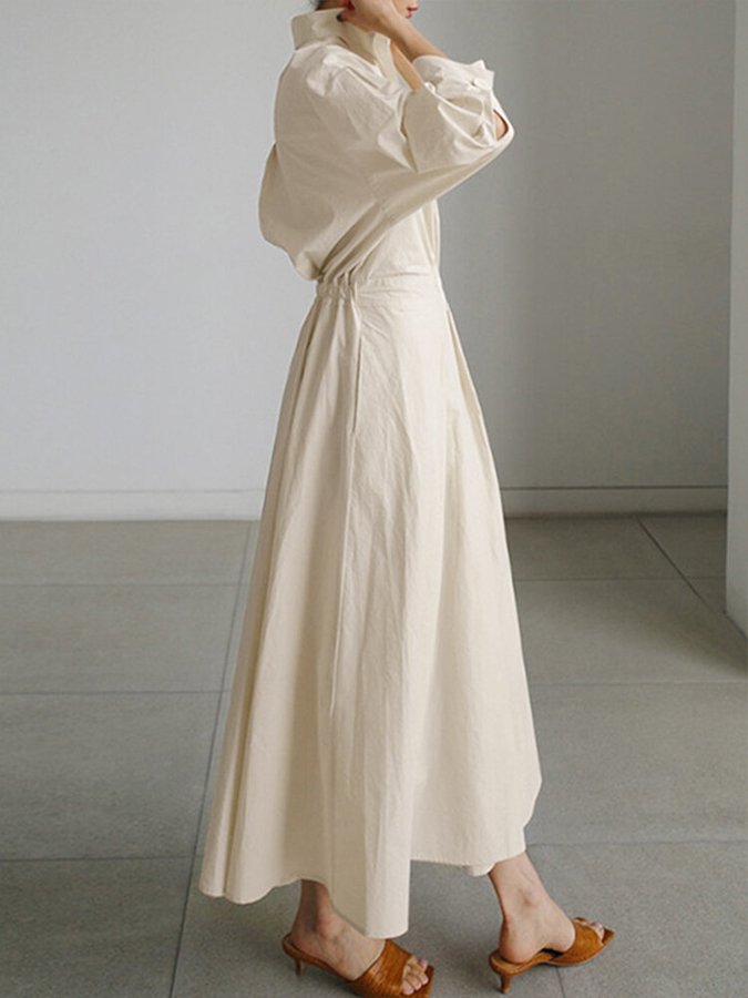 Nicole | Midi Dress Elegant Button Waist - Blue Cotton