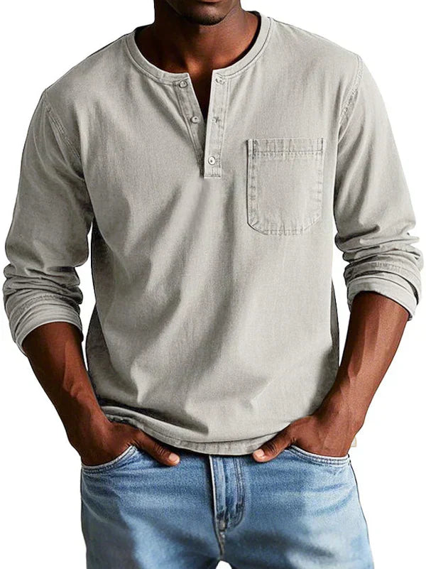 Philipp | Casual Long Sleeve Henley Shirt - Navy Cotton