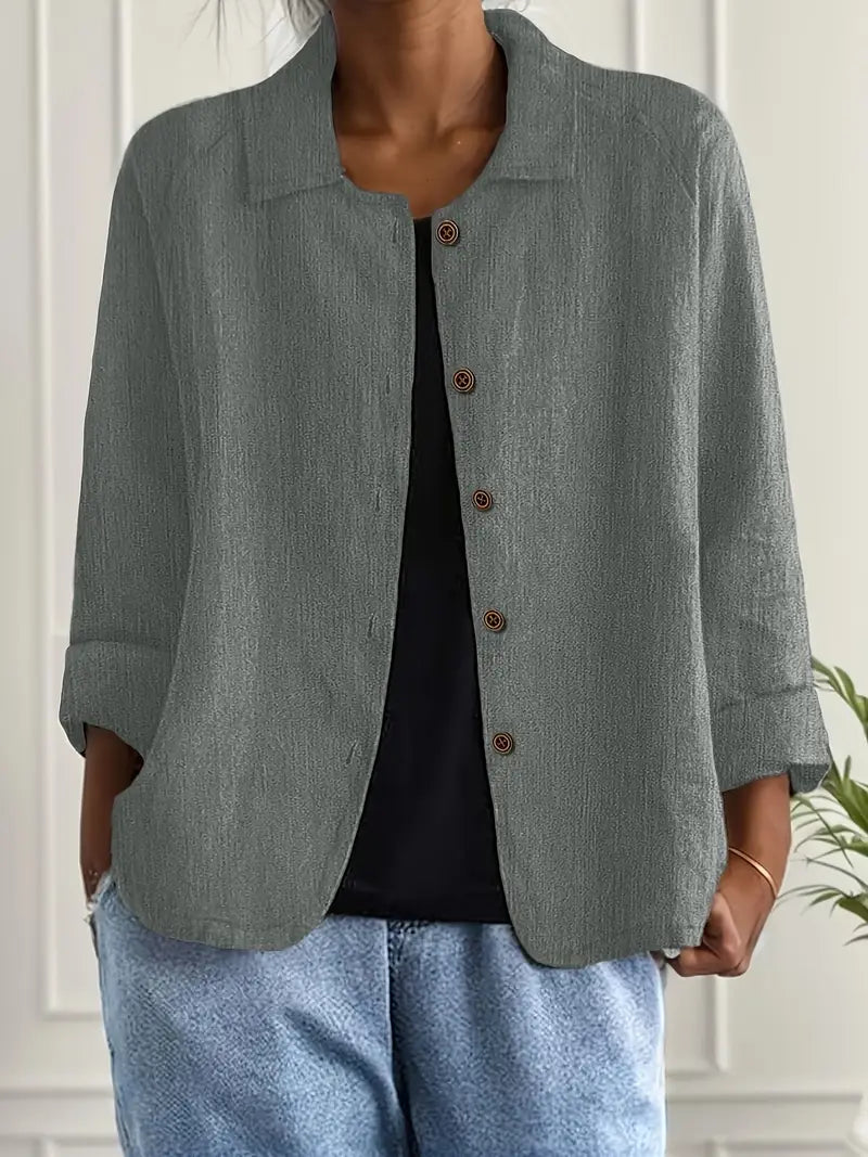 Ella | Casual Button Front Lightweight Jacket - Beige Cotton