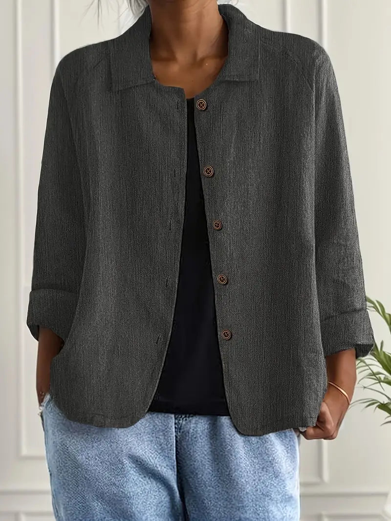 Ella | Casual Button Front Lightweight Jacket - Beige Cotton