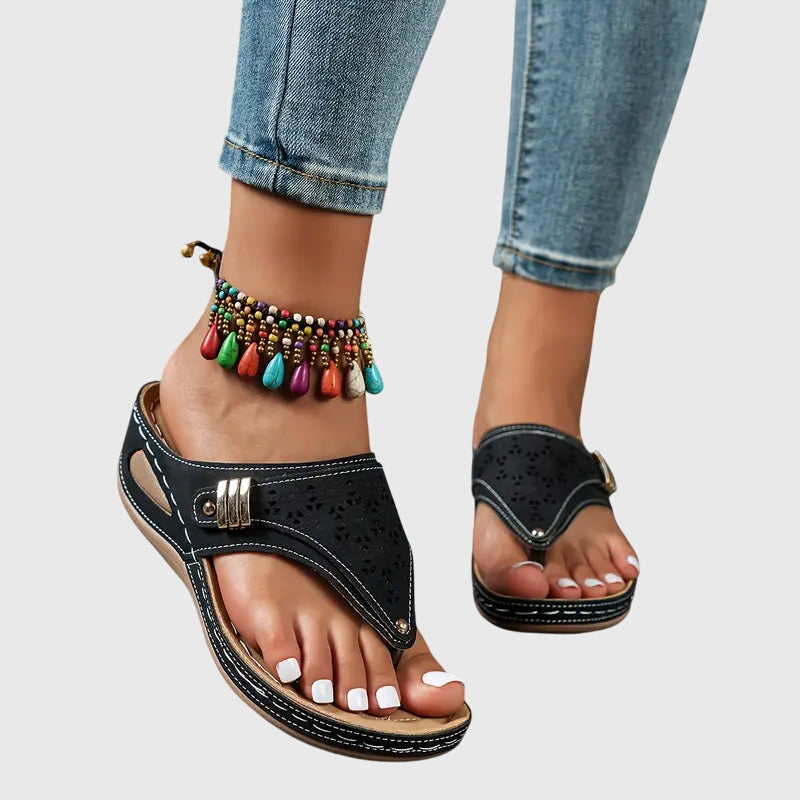 Margaret | Womens Slip On Flat Sandals - Black Leather