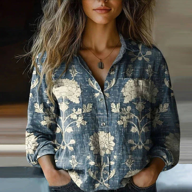 Phoebe | Printed Button Front Long Sleeve Top - Multicolor