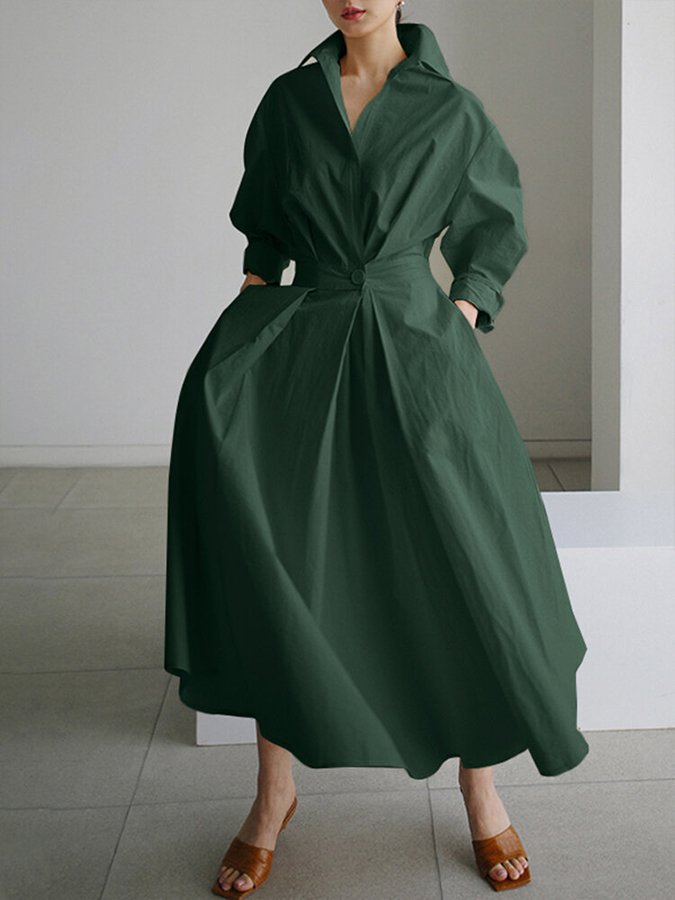 Nicole | Midi Dress Elegant Button Waist - Blue Cotton