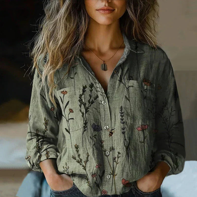 Phoebe | Printed Button Front Long Sleeve Top - Multicolor