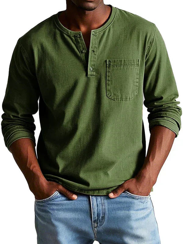 Philipp | Casual Long Sleeve Henley Shirt - Navy Cotton