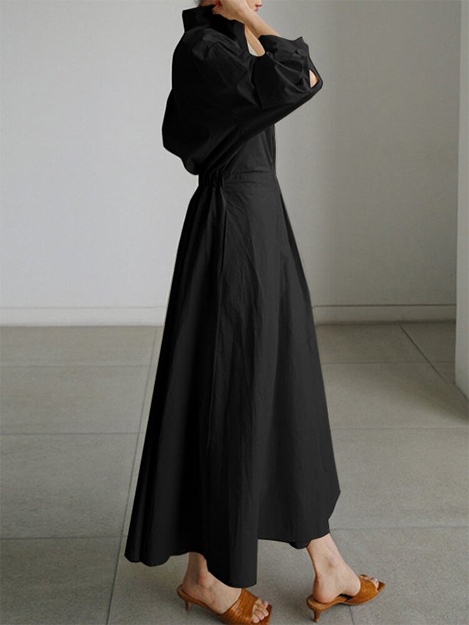 Nicole | Midi Dress Elegant Button Waist - Blue Cotton