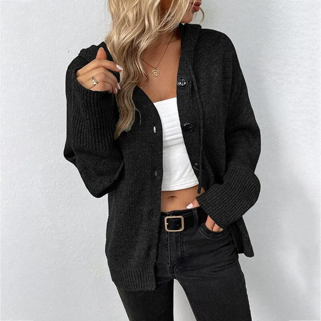 Hazel | Women's Hooded Knit Cardigan - Open Front Button - Grey