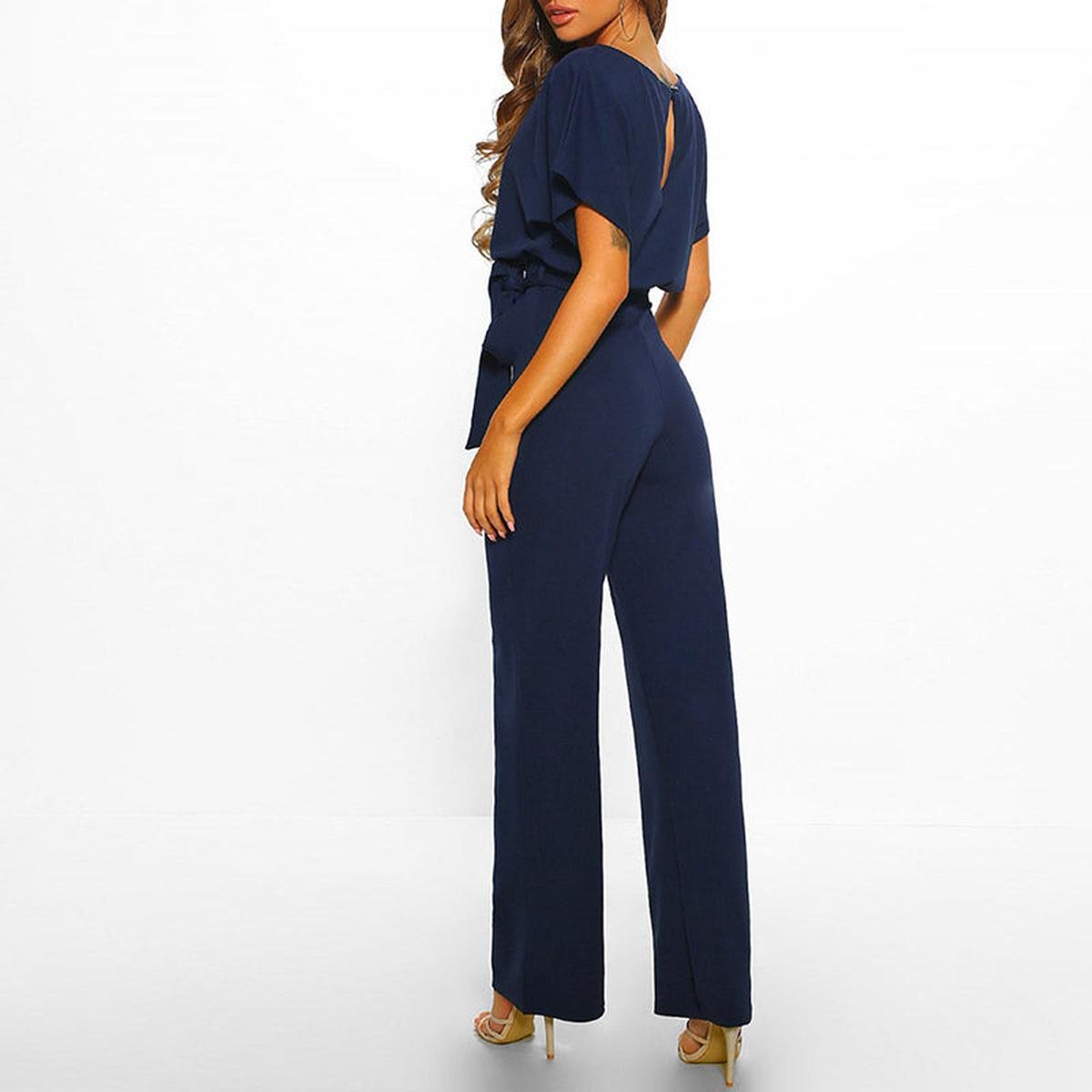 Viola | Casual Short Sleeve Jumpsuit with Belt - Black