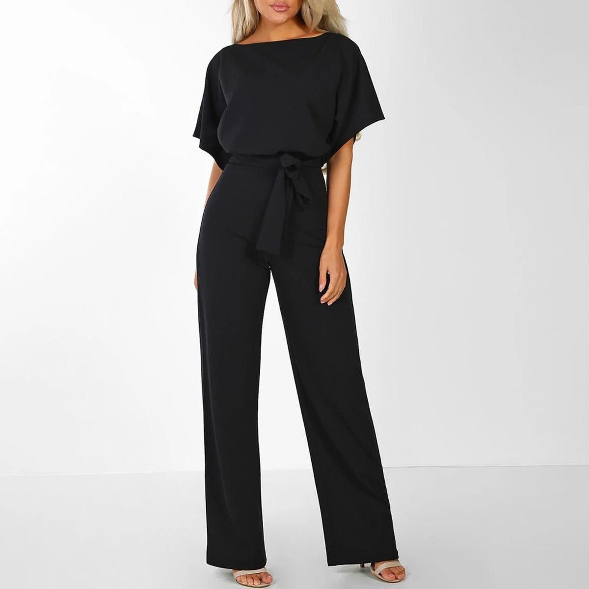 Viola | Casual Short Sleeve Jumpsuit with Belt - Black