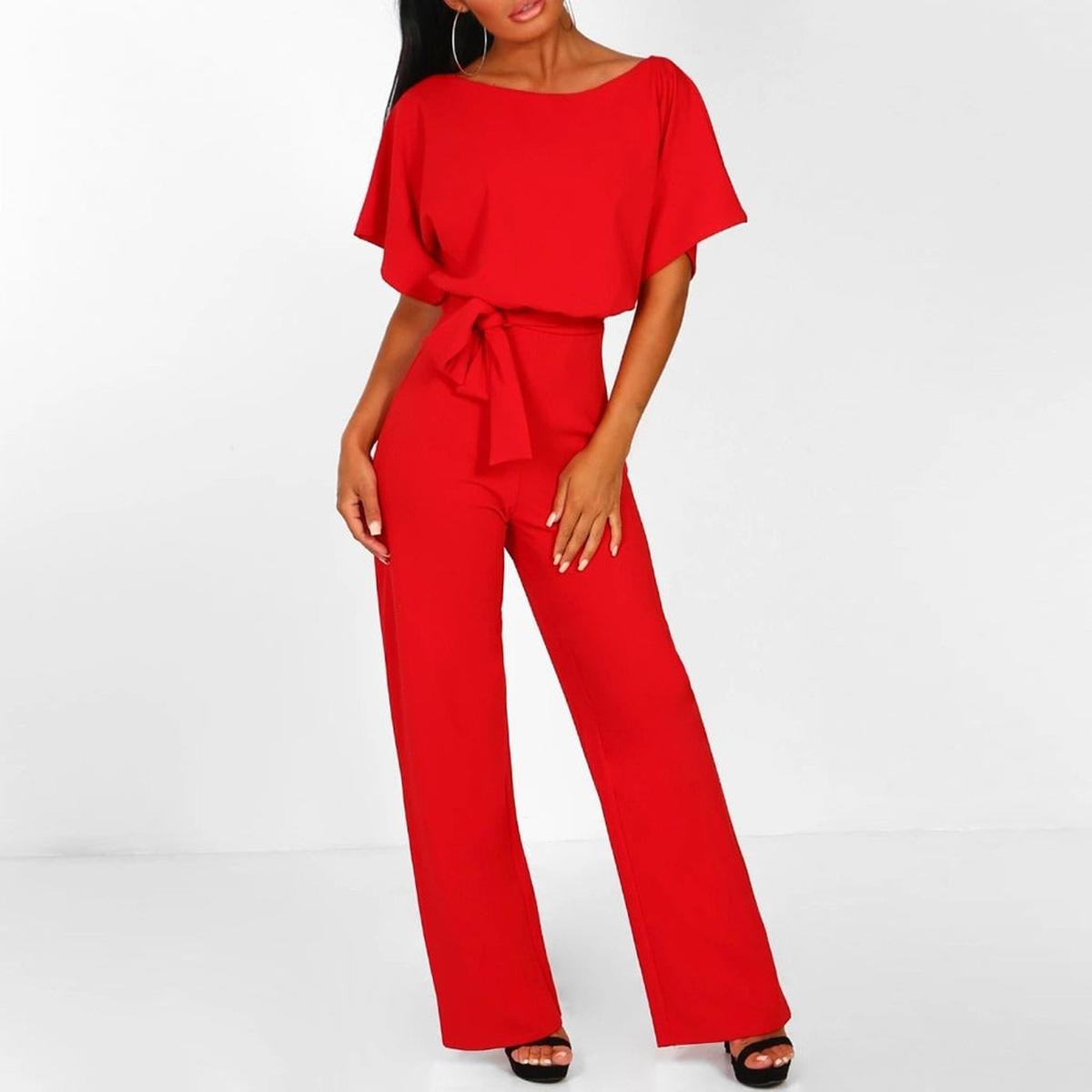 Viola | Casual Short Sleeve Jumpsuit with Belt - Black